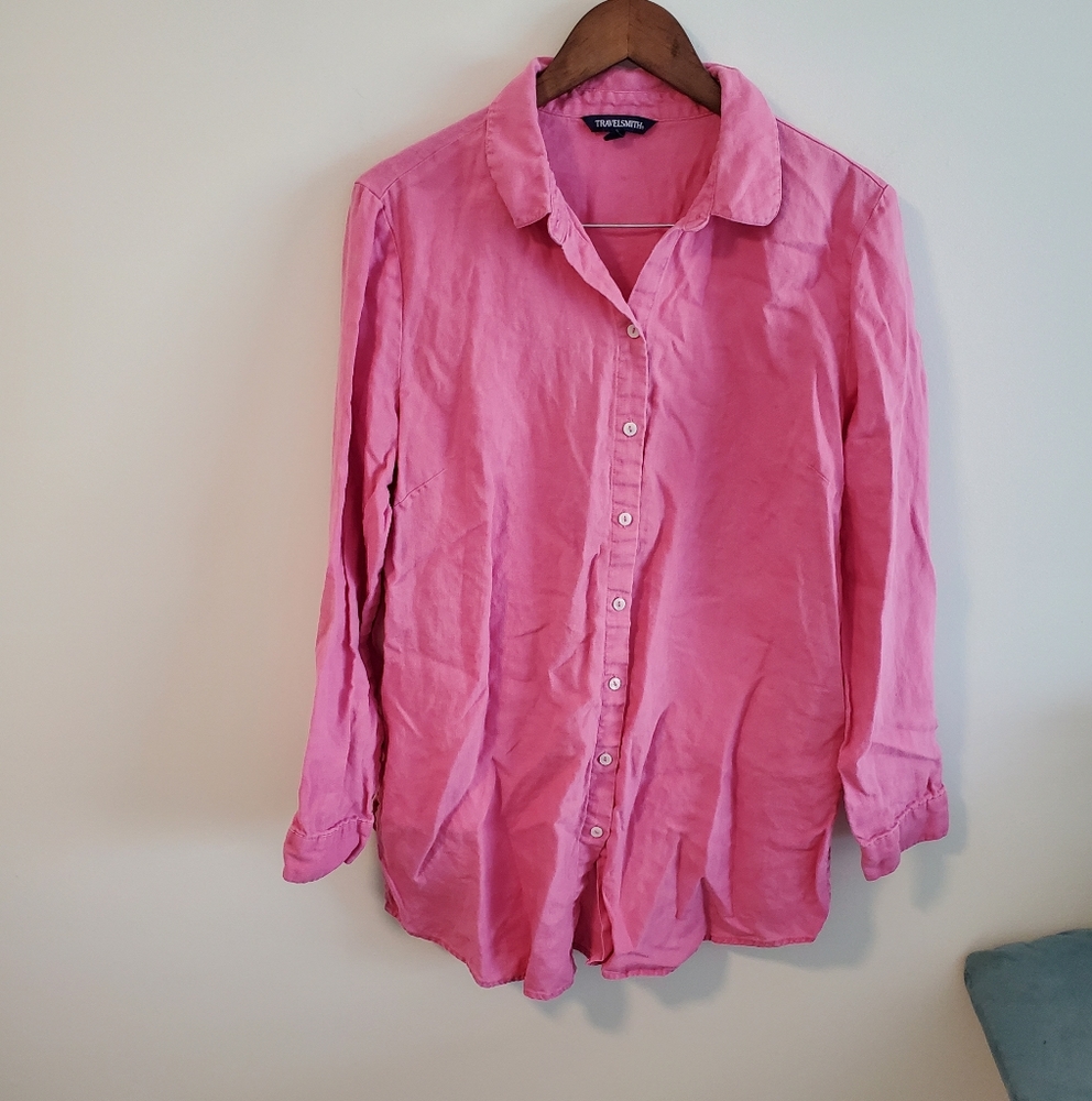 Travelsmith 100% linen pink button down casual collared shirt size large